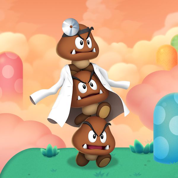 Tre Goombas som bär en labbrock och huvudspegel i konstverk från Dr. Mario World