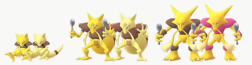 En Abra, Kadabra och Alakazam står bredvid sina blanka former. Abra och Kadabra blir en ljusare nyans av gult, medan de bruna delarna av Alakazam blir rosa