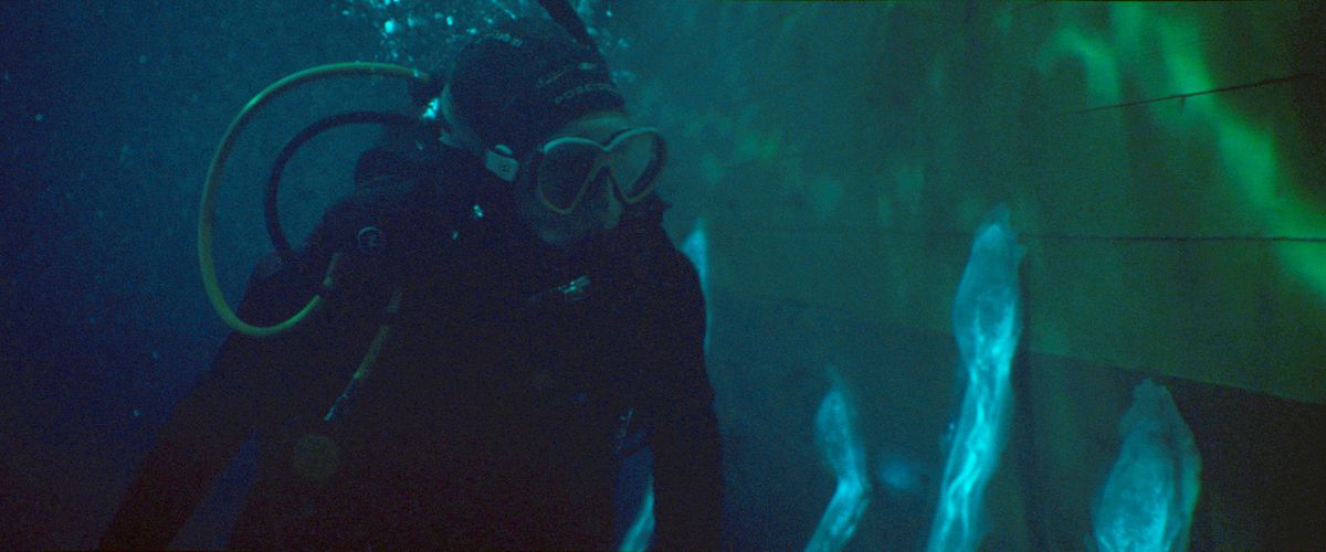 En karaktär som simmar under vattnet i en dykdräkt undersöker flera stora, glödande remora-liknande suckers som attackerades till skrovet på hennes skepp i Sea Fever.