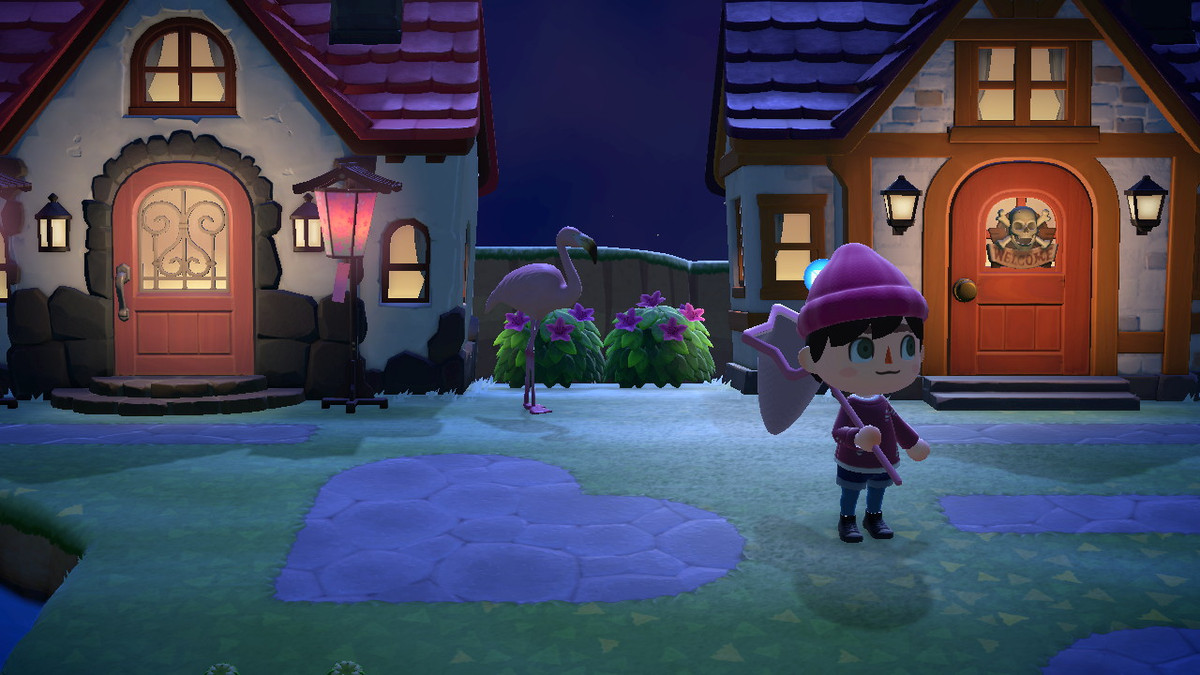 Animal Crossing: New Horizons - en spelare står utanför deras hus på natten