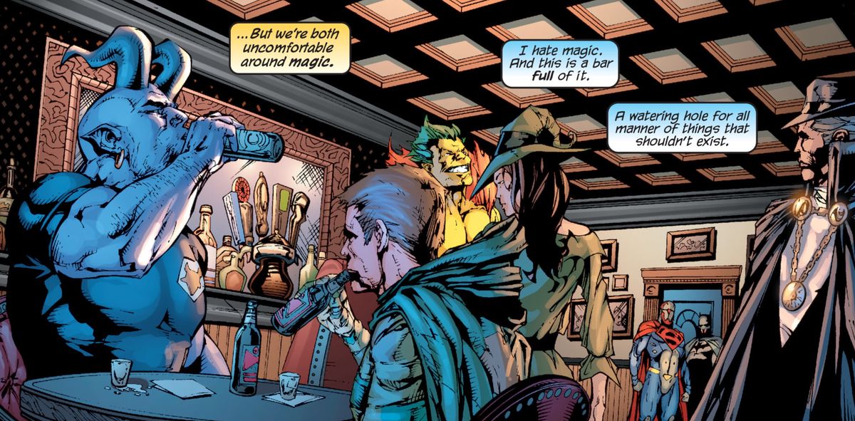 Blue Devil, Creeper, Enchantress, Phantom Stranger och andra ser upp när Superman och Batman går in i Oblivion Bar, gin-joint för alla magiska användare i DC Universum, i Superman / Batman # 46, DC Comics (2008). 