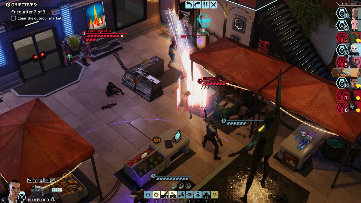 En XCOM-soldat som heter Blueblood, en expert på dubbla kraftfulla pistoler, syftar på två högdrivna fiender med en enda sprängning.