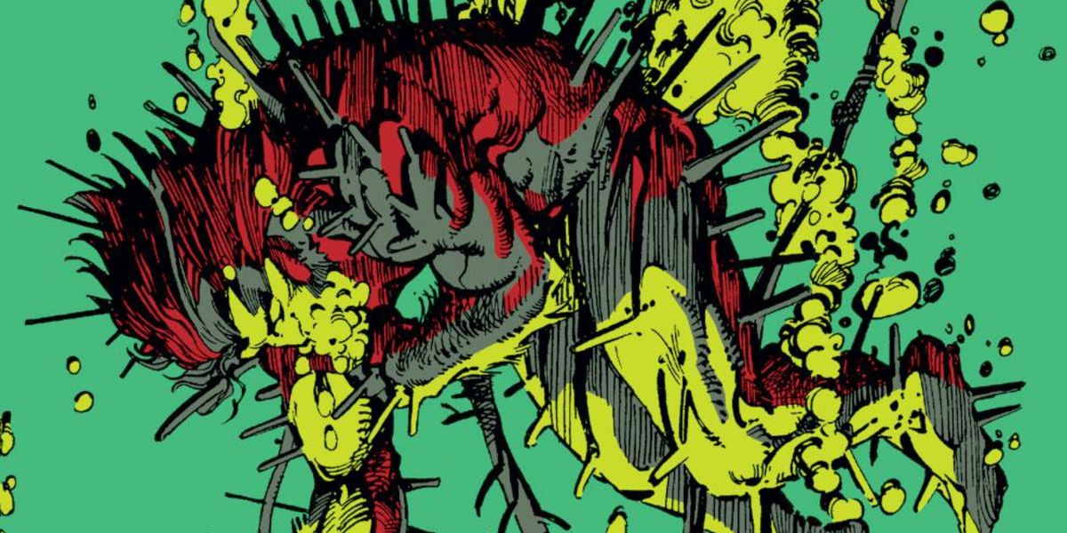 Fast, full med rör och ledningar, ligger Wolverine hängande i sjukligt grön vetenskapsgeop på omslaget till Marvel Comics Presents # 73, Marvel Comics (1991). 