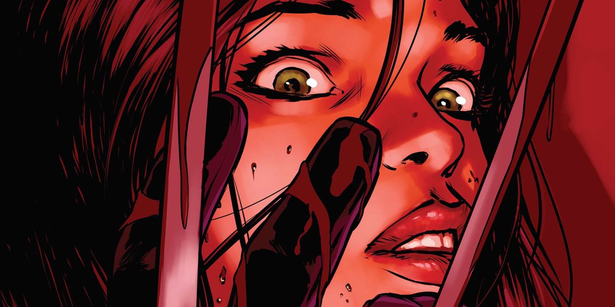 Laura Kinney / X-23 ser förskräckt över sina egna blodiga klor, på omslaget till helt nya Wolverine # 13, Marvel Comics (2016). 