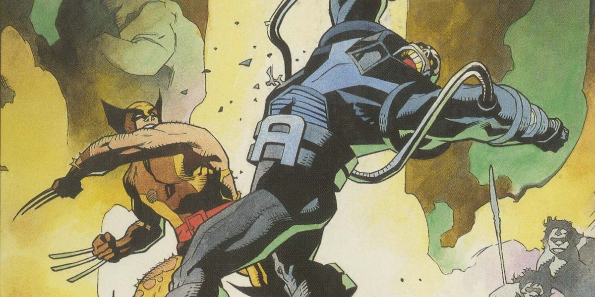 Wolverine en Apocalypse-strid som några grottmän ser på omslaget till Wolverine: The Jungle Adventure, Marvel Comics (1990). 