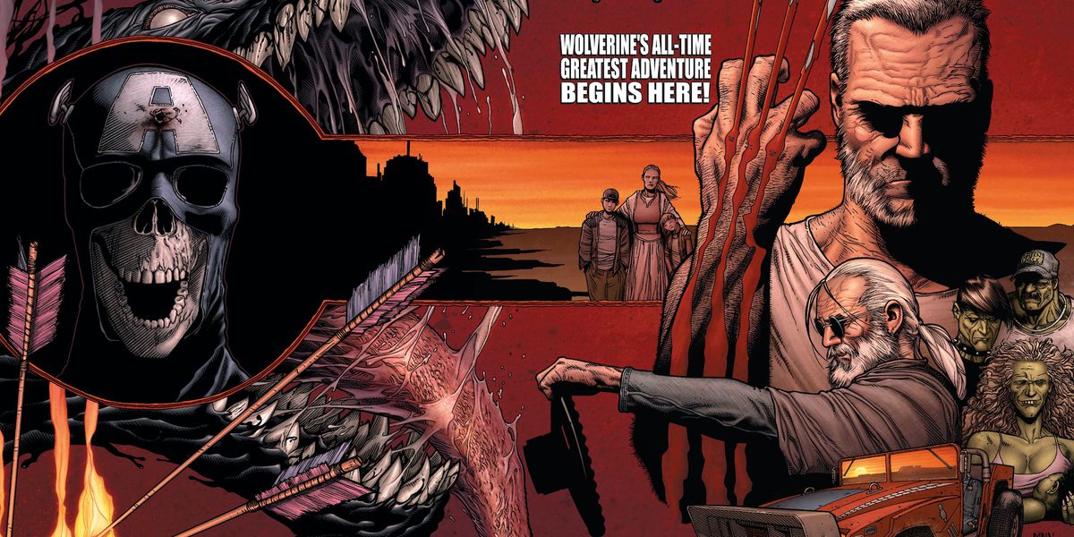 Old Man Logan poppar sina klor, i ett collage av karaktärer och händelser från Old Man Logan miniseries, på omslaget till Wolverine # 66, Marvel Comics (2008). 