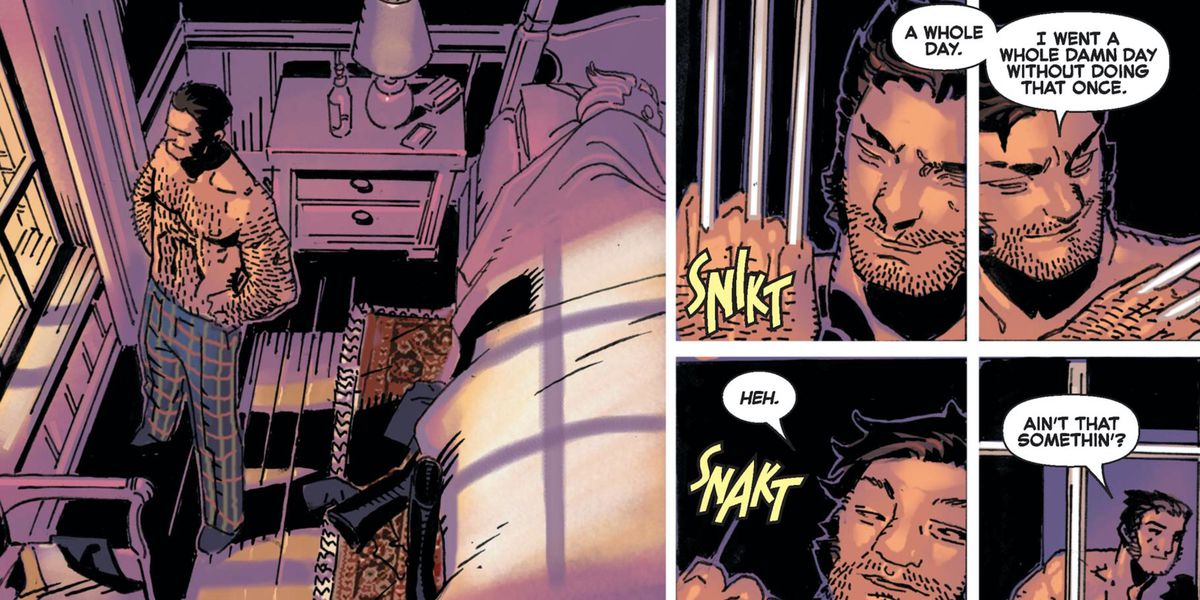 Wolverine inser glatt att han gick en hel dag utan att klappa klorna en gång, i Wolverine & The X-Men # 42, Marvel Comics (2014). 