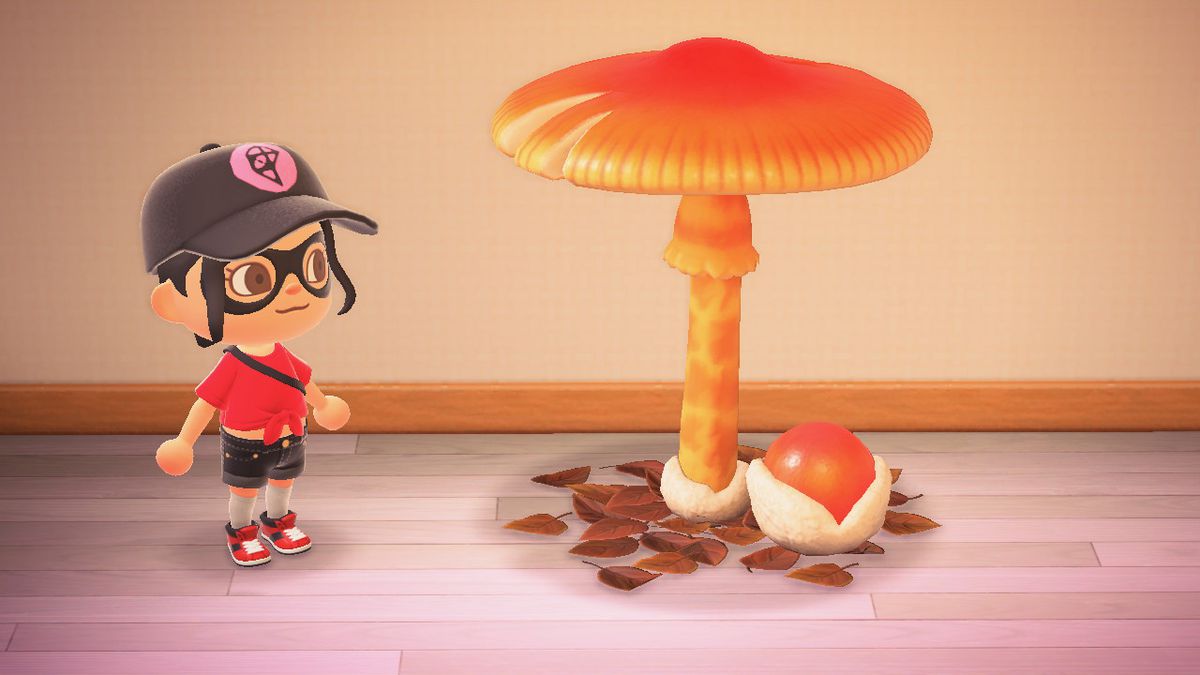 En Animal Crossing-karaktär står bredvid en gigantisk svamp