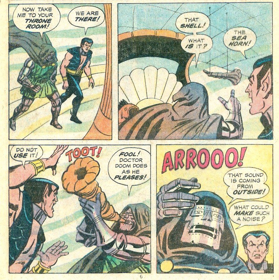 Doktorn Doom kräver att blåsa ett konkylskal i Namors tronrum och kalla ett gigantiskt havsmonster i Spidey Super Stories # 53, Marvel Comics (1981). 