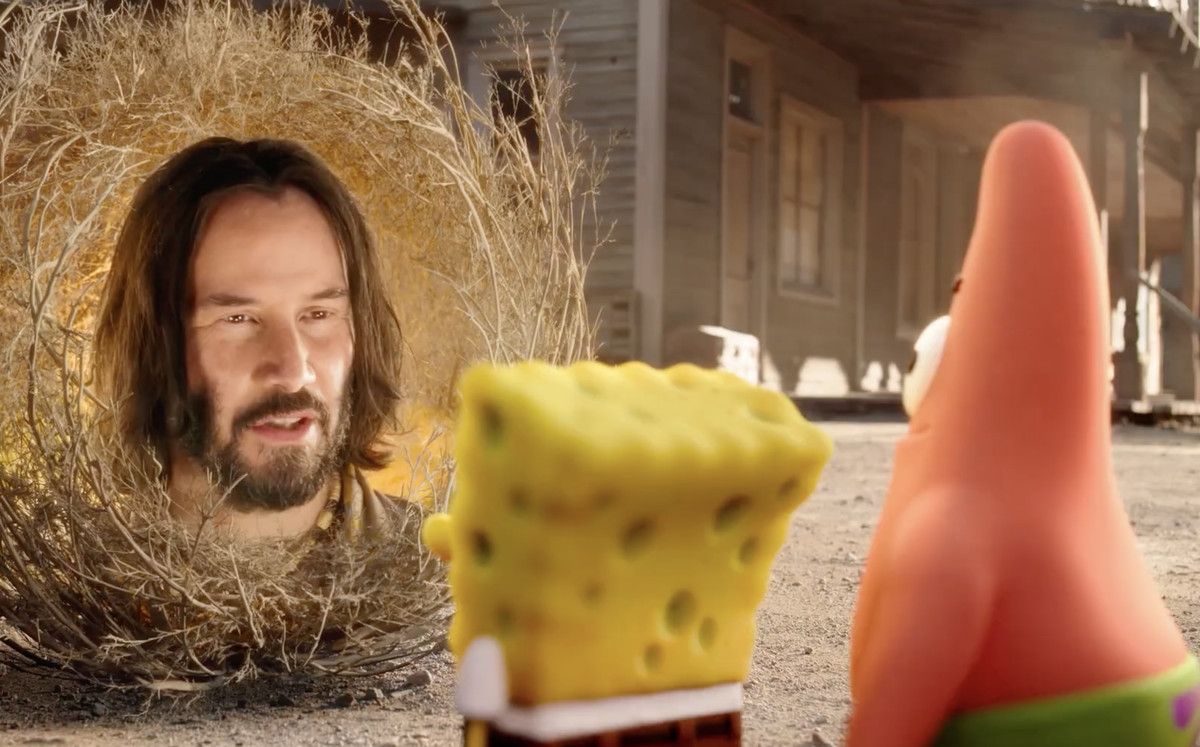 Keanu reeves 'disembodied ansikte ger Patrick och SpongeBob några råd i SpongeBob-filmen: Sponge on the Run