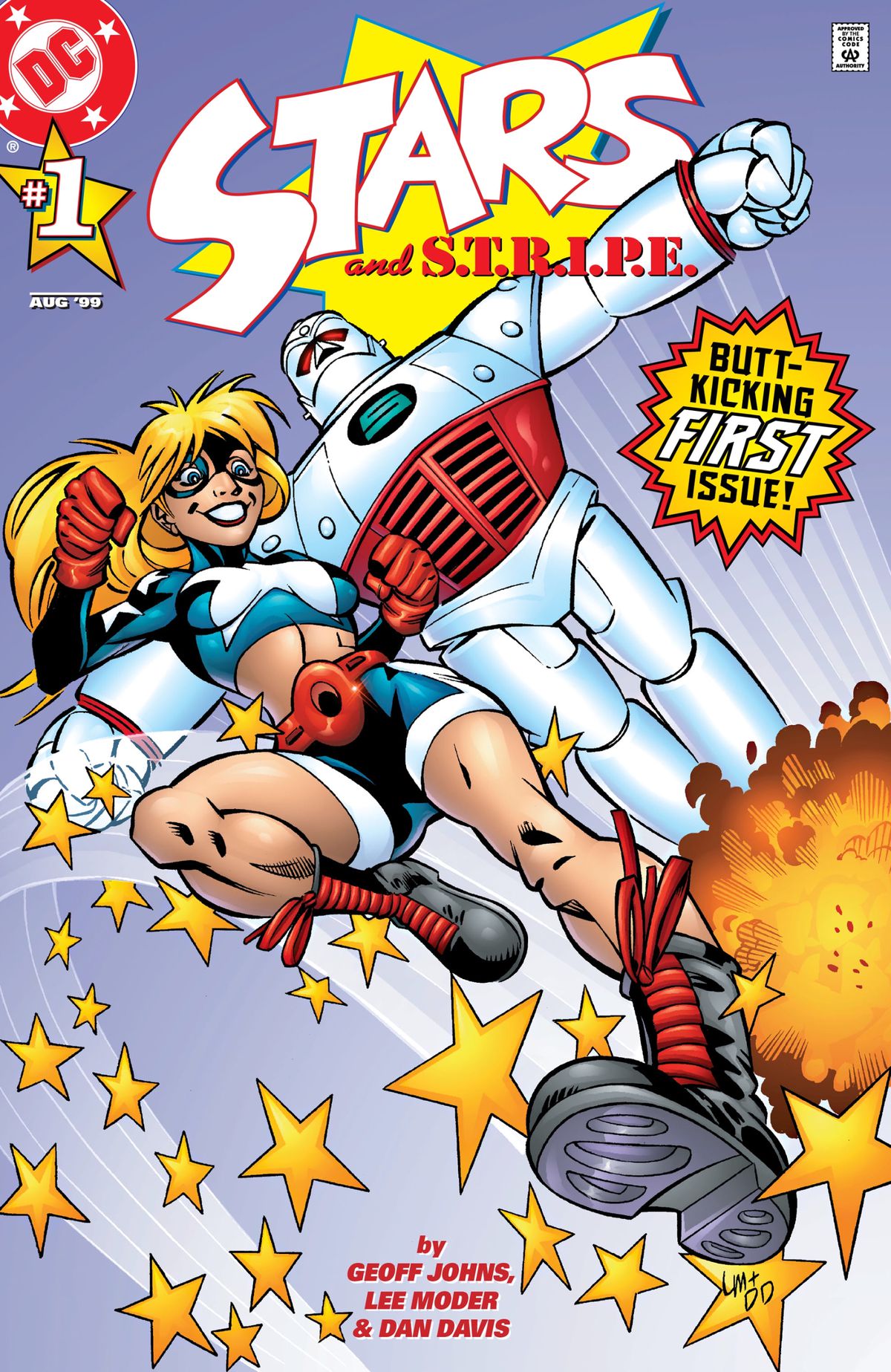 Courtney Whitmore / Stargirl och Pat Dugan i sin STRIPE-exosutfjäder över sidan på omslaget till Stars och STRIPE # 1, DC Comics (1999). 