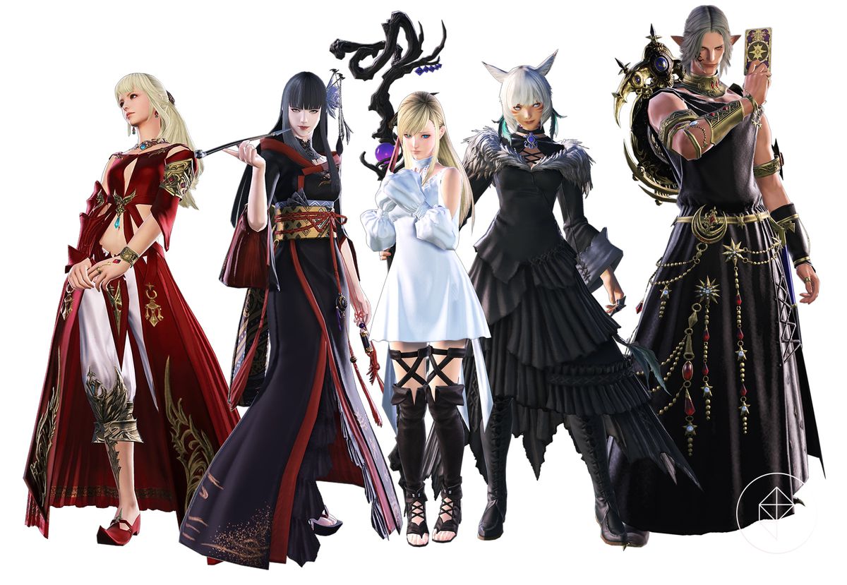 Lyse, Yotsuyu, Ryne, Urianger och Y’shtola står sida vid sida