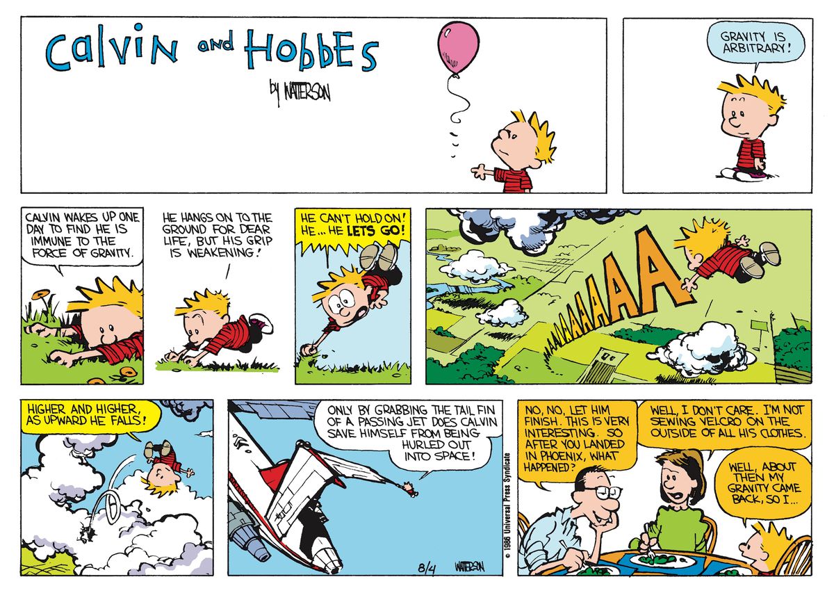 Calvin tappar tyngdkraften och tar ett plan i en calvin och hobbes serietidning
