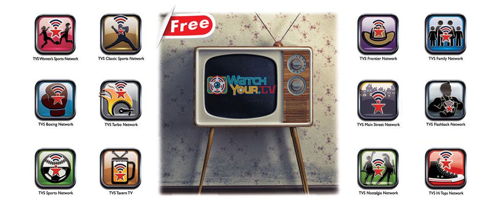 En TV med WatchYour.TV-logotypen omgiven av de kanaler som erbjuds