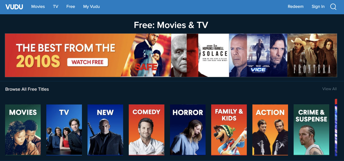 En skärmdump av Vudus gratis filmer och TV-webbplats
