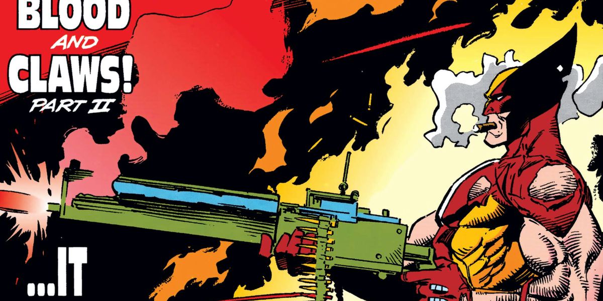 Wolverine skjuter lugnt en enorm kedjepistol medan han puffar på en enorm cigarr på omslaget till Wolverine # 36, Marvel Comics (1988). 