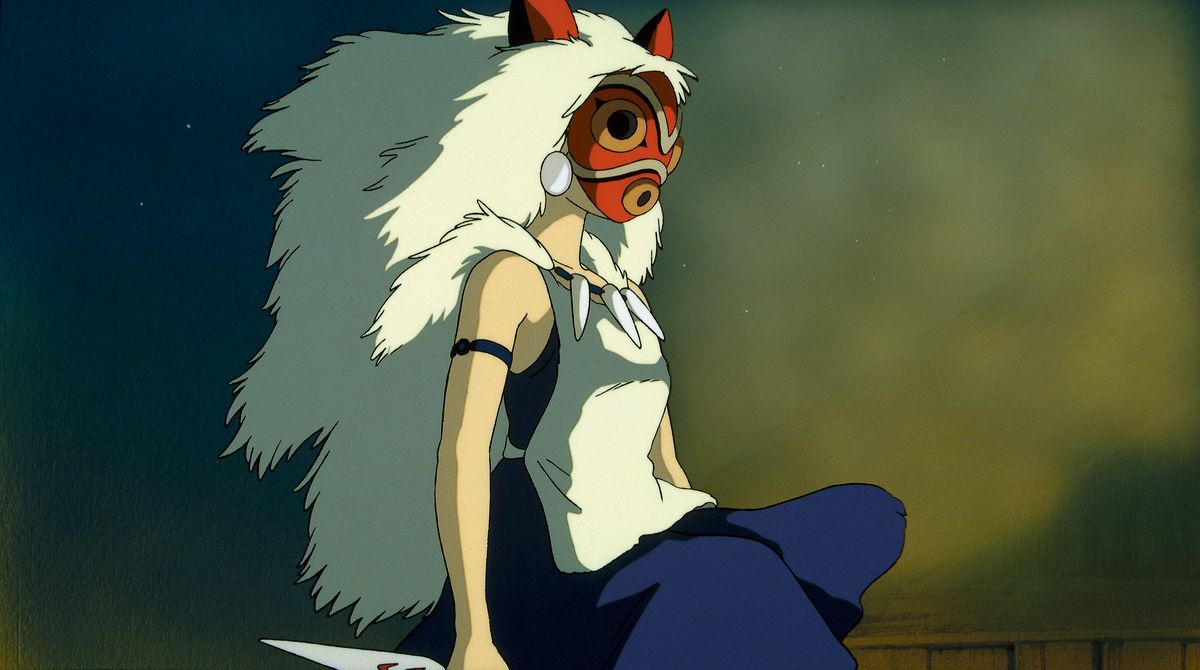 San sitter på en varg, maskerad och håller sin kniv, i prinsessan Mononoke