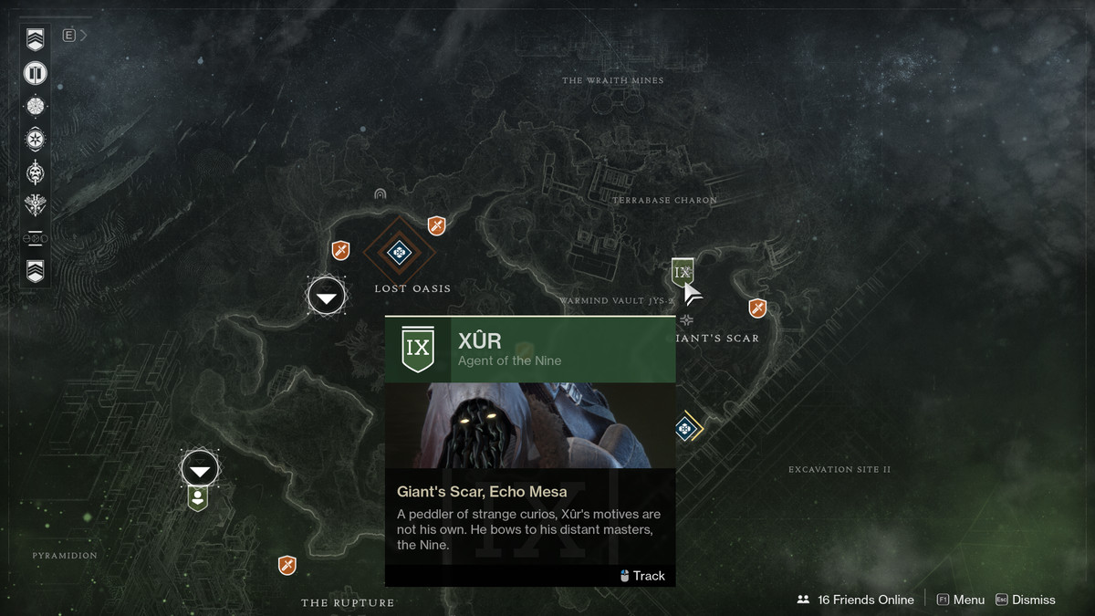 en skärmdump av Destiny 2s karta som visar Xur hänga norr om Giants Scar on Io
