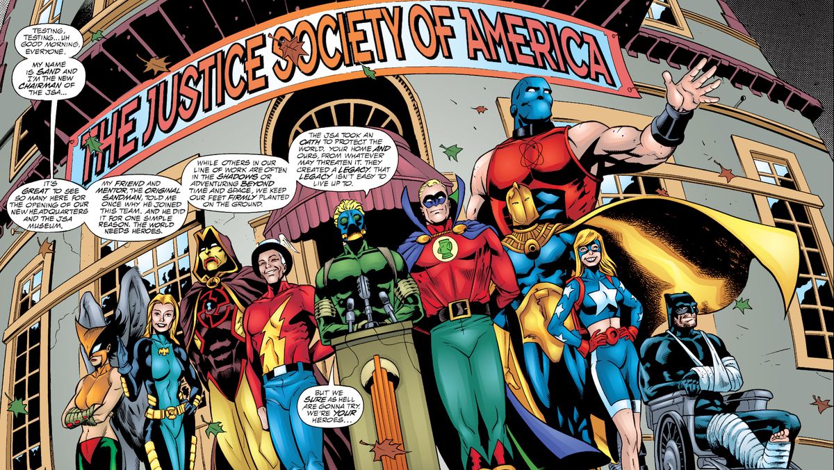 Medlemmar av Justice Society på en presskonferens i JSA # 6, DC Comics (2000). 