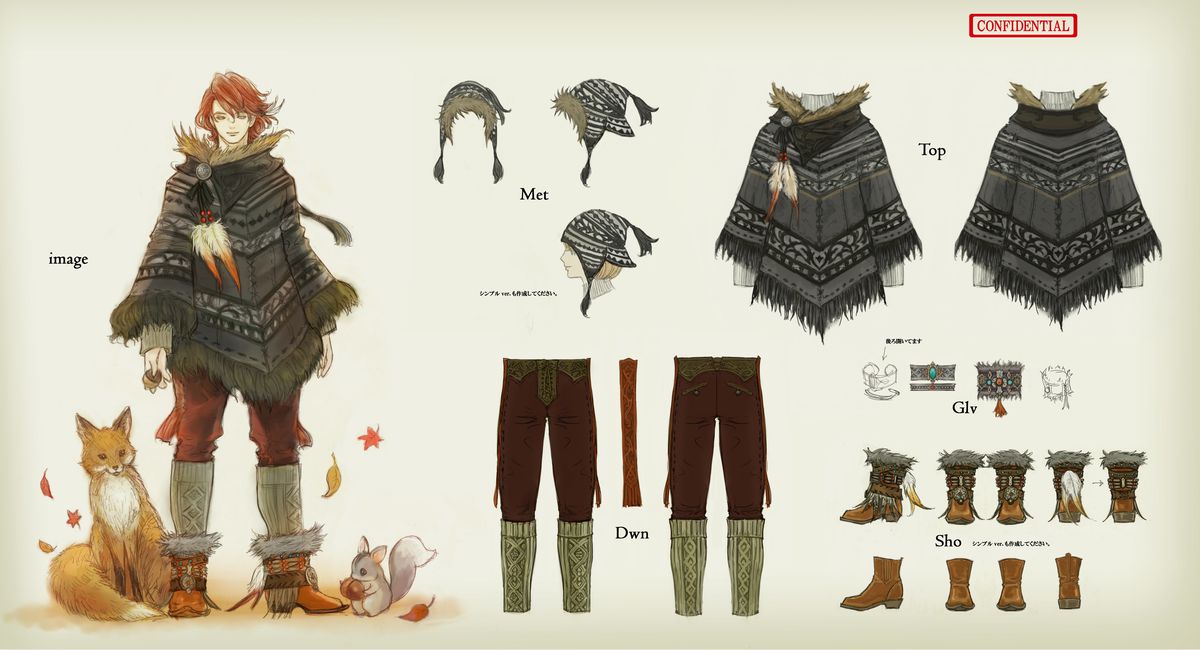 Konceptkonst för Final Fantasy 14's Cashmere Poncho, inklusive en räv och nötkött som står bredvid modellen