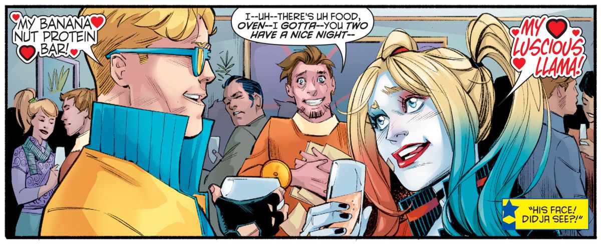 Harley Quinn och Booster Gold konstigt en proselytizer genom att agera motbjudande förälskad, i Harley Quinn # 72, DC Comics (2020).