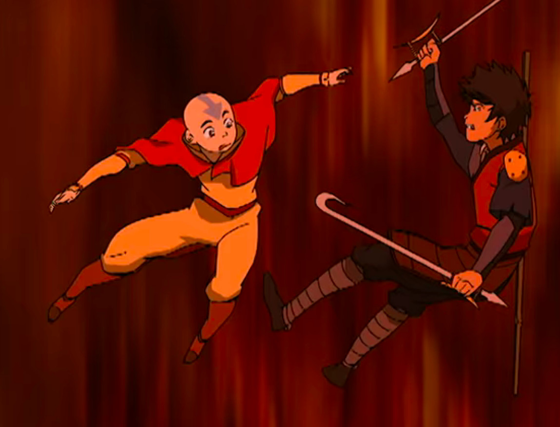 Aang och Jet sjunker genom luften, i Avatar: The Last Airbender. 