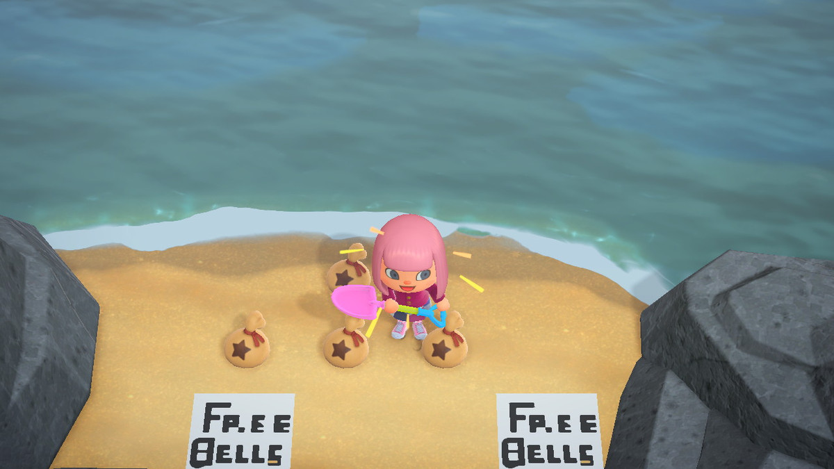 Animal Crossing: New Horizons - en spelare står på stranden, omgiven av klockor och 