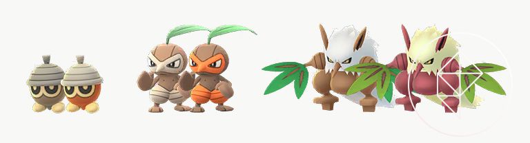 Shiny Seedot, Nuzleaf och Shiftry står bredvid sina blanka former. De tre Pokémonerna är vanligtvis bruna, men deras blanka former är mer orange och röd.