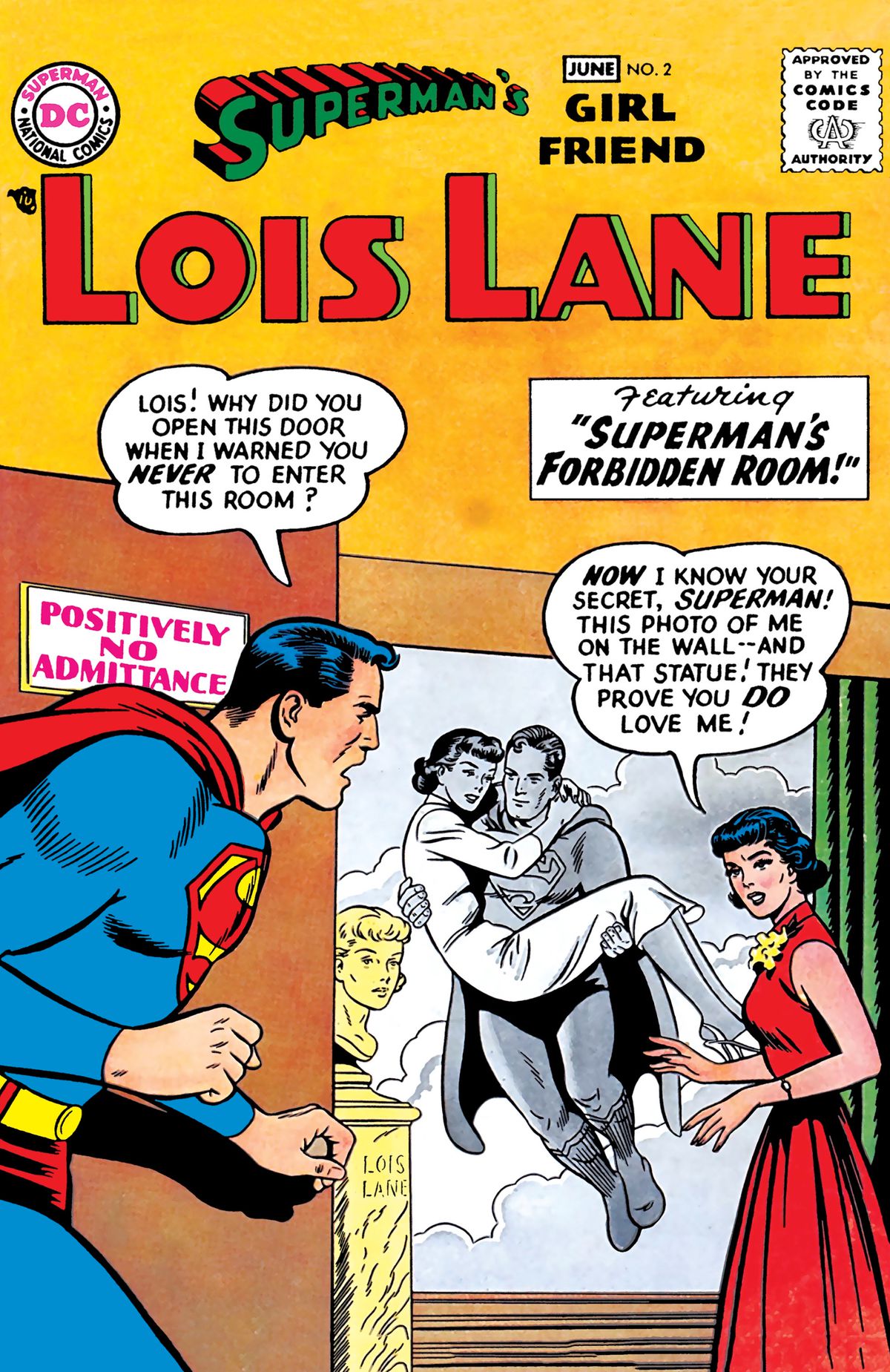 ”Lois! Varför öppnade du den här dörren när jag varnade dig att aldrig gå in i detta rum? ” Superman gråter i ilska och springer ut i ett rum med en väggstor bild av honom som bär Lois Lane i armarna. 