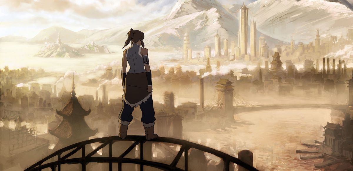 Den namonyma Korra står heroiskt med ryggen till betraktaren, ovanpå en hängbro och tittar på republikens stads horisont.