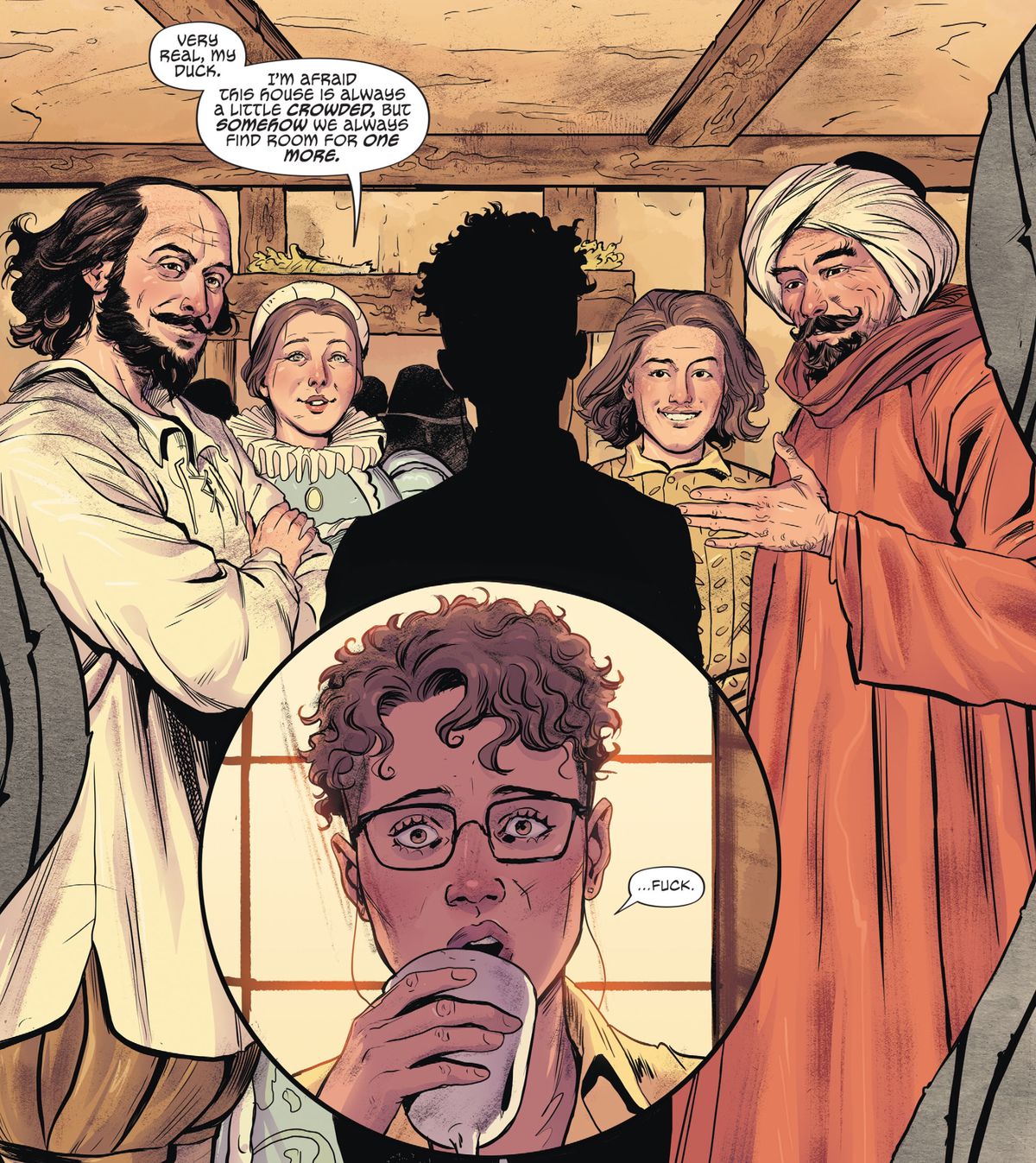 Lindy kommer ansikte mot ansikte med William Shakespeare, Anne Hathaway, Kit Marlowe och Shaykh Zubayr bin William i en dröm i The Dreaming: Waking Hours, DC Comics (2020). 