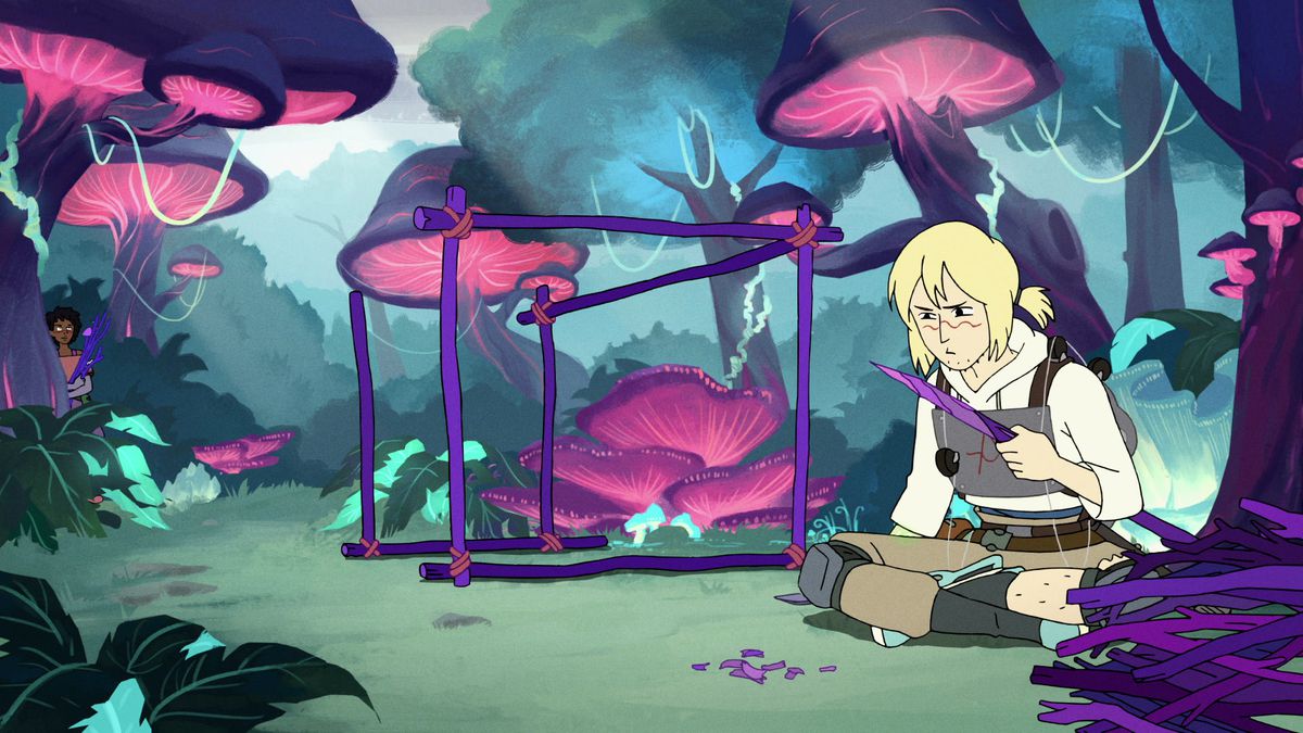En blond tonåring sitter i ett färgstarkt fantasilandskap, omgiven av glödande jätte- lila och rosa svampar i HBO Maxs Infinity Train.