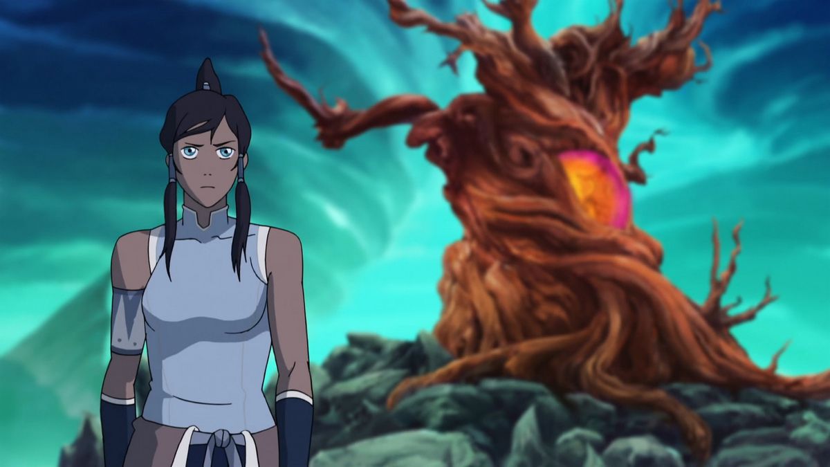 Korra står framför ett glödande, tvinnat träd i Legend of Korra