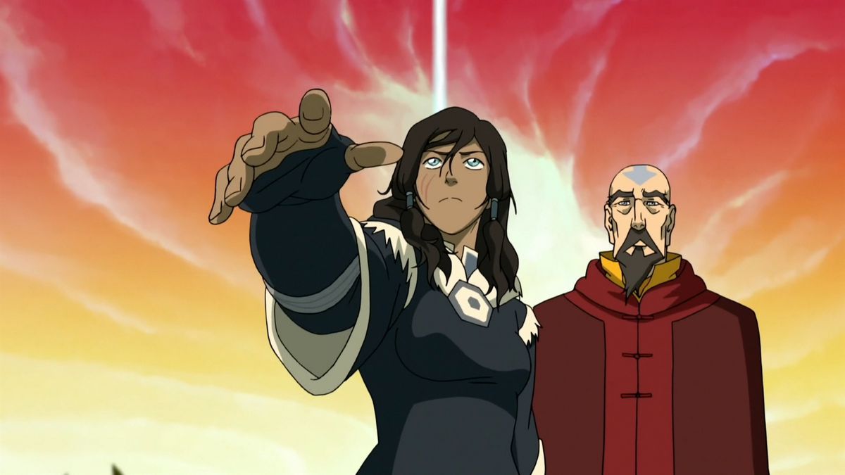 Korra räcker en hand mot kameran när hon och Tenzin står framför en lysande gul och röd himmel i Legend of Korra