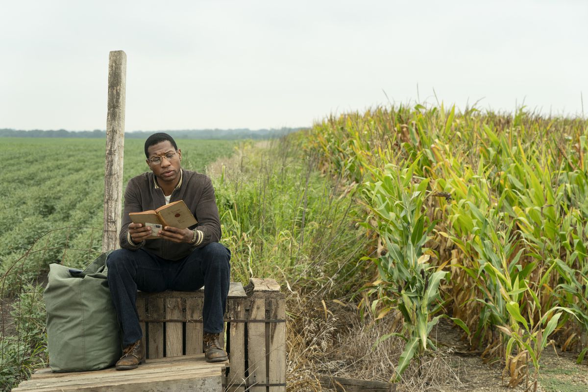 Jonathan Majors sitter och läser av ett kornfält i Lovecraft Country.