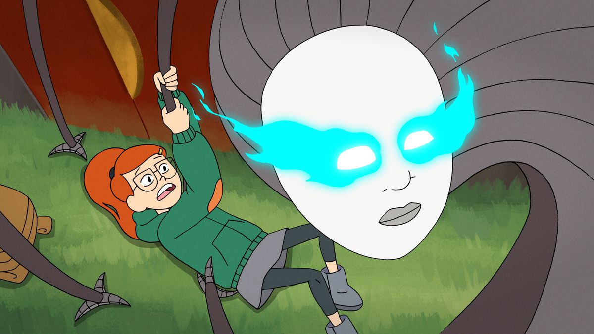 En robot med tentakelklor försöker hålla nere en ung flicka i Infinity Train