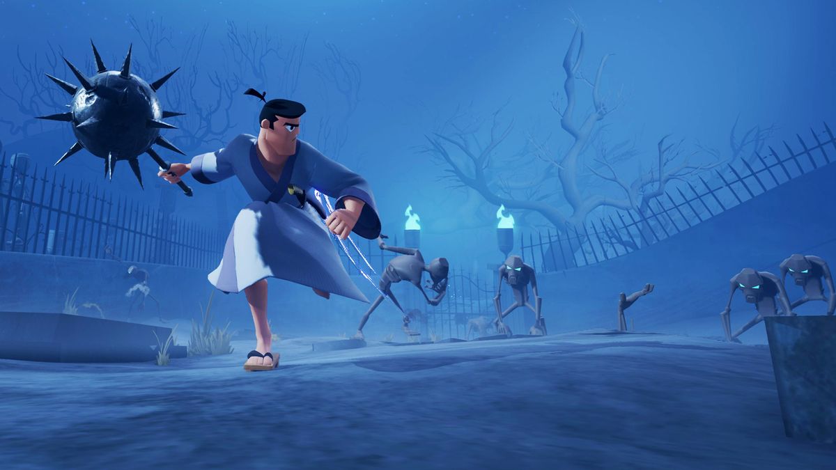 samurai jack springer med en gigantisk mace i handen i Battle Through Time