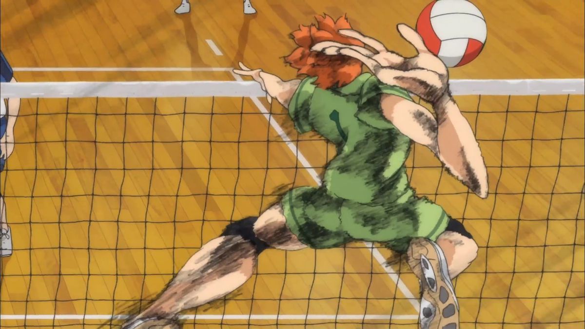 Shoyo Hinata, huvudpersonen i Haikyu !! hoppar upp i luften för att spike en volleyboll