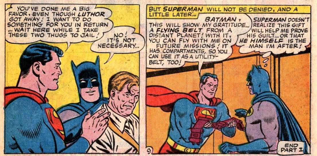 Superman ger batman ett flygbälte för sin hjälp i att stoppa ett av Lex Luthors scheman i World's Finest # 153, DC Comics (1965). 