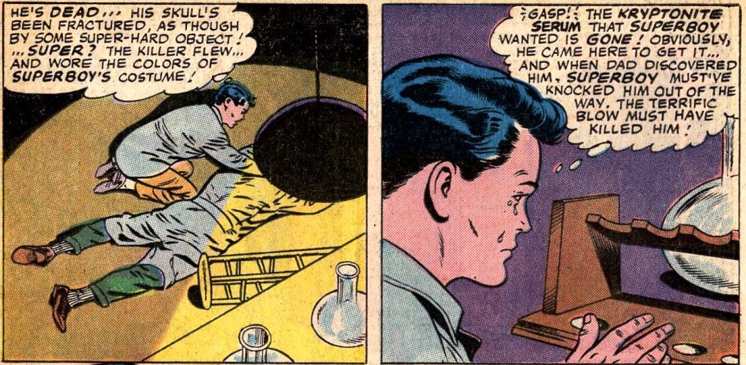 Bruce Wayne undersöker scenen för sin fars död och drar slutsatsen att Superboy dödade honom i World's Finest Comics # 153, DC Comics (1965). 