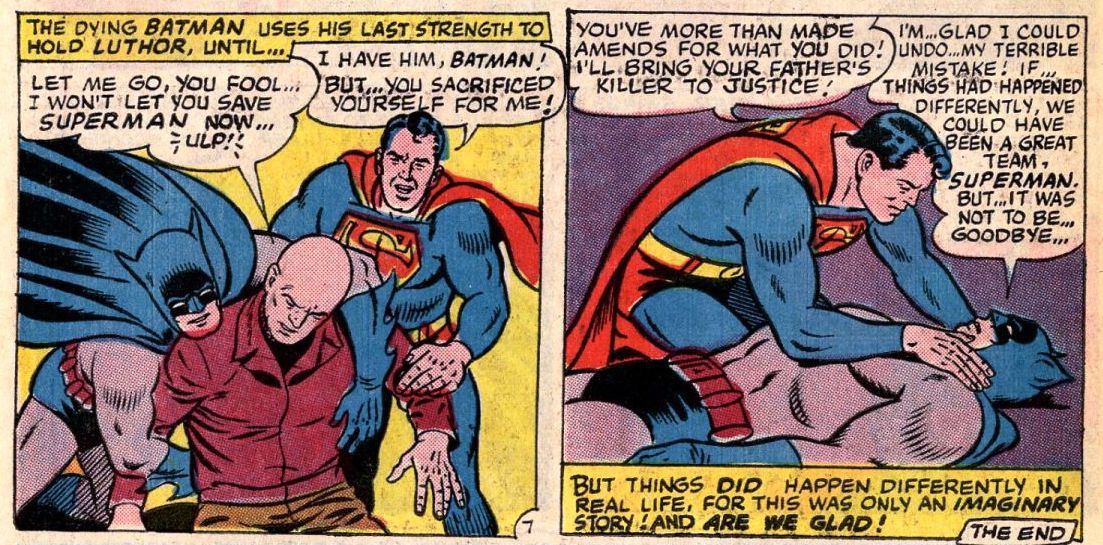En skadad Batman dämpar Lex Luthor och ber om ursäkt för att tänka att Superman mördade sin far innan han löper ut, i World's Finest # 153, DC Comics (1965). 