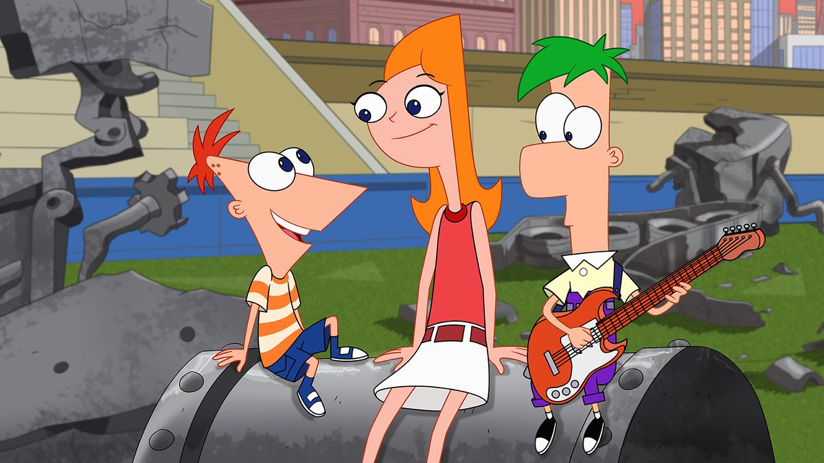 candace sittande med phineas och ferb