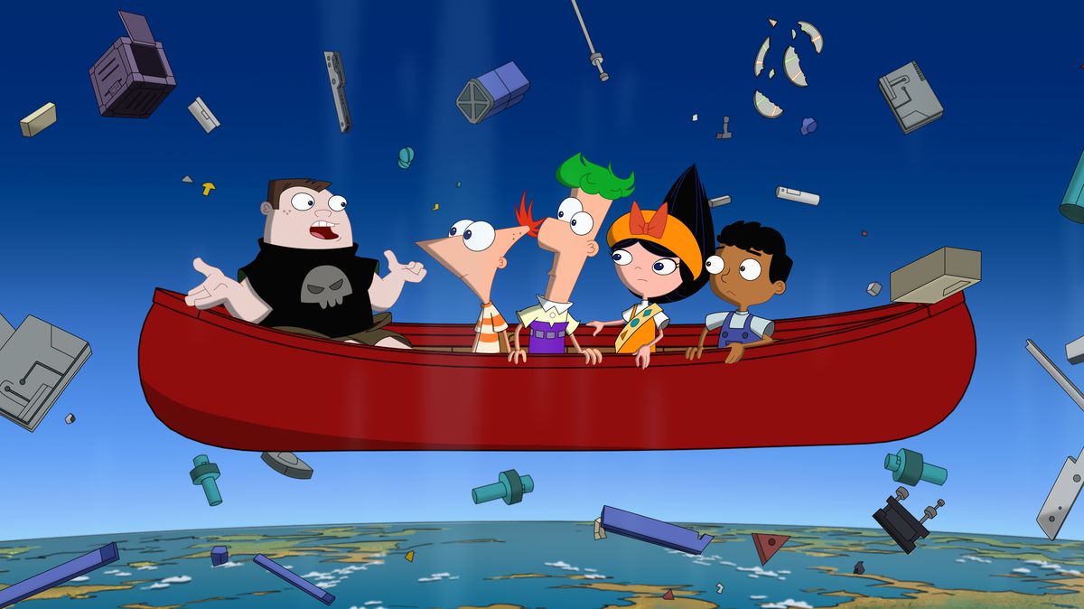 phineas, ferb, och gänget i en kanot som faller från rymden