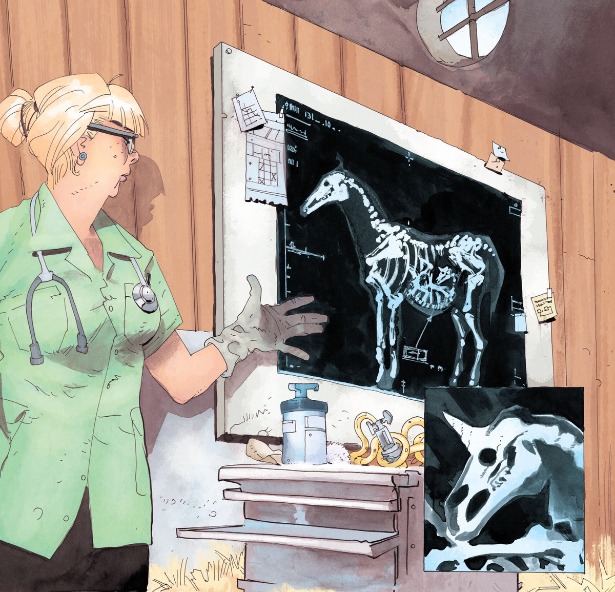 En veterinär gester till en röntgenstråle av en gravid häst. Fostret har ett enda spiralhorn i John Constantine Hellblazer # 9, DC Comics (2020). 