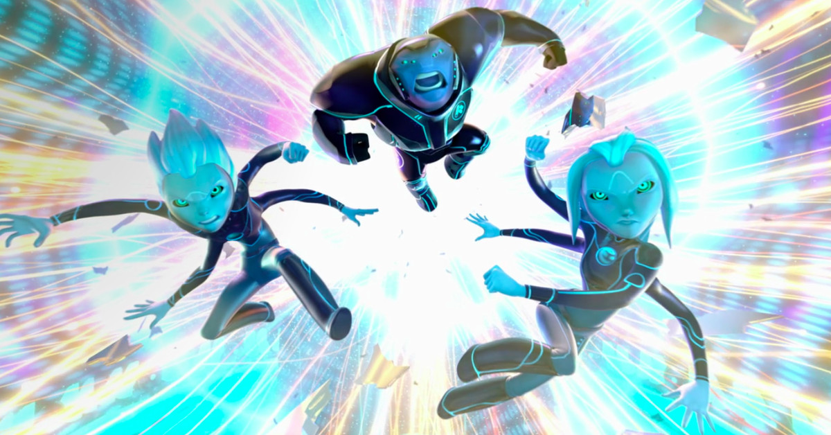 Tre blåhudiga utomjordingar hoppar framför en färgglad bakgrund på 3Below