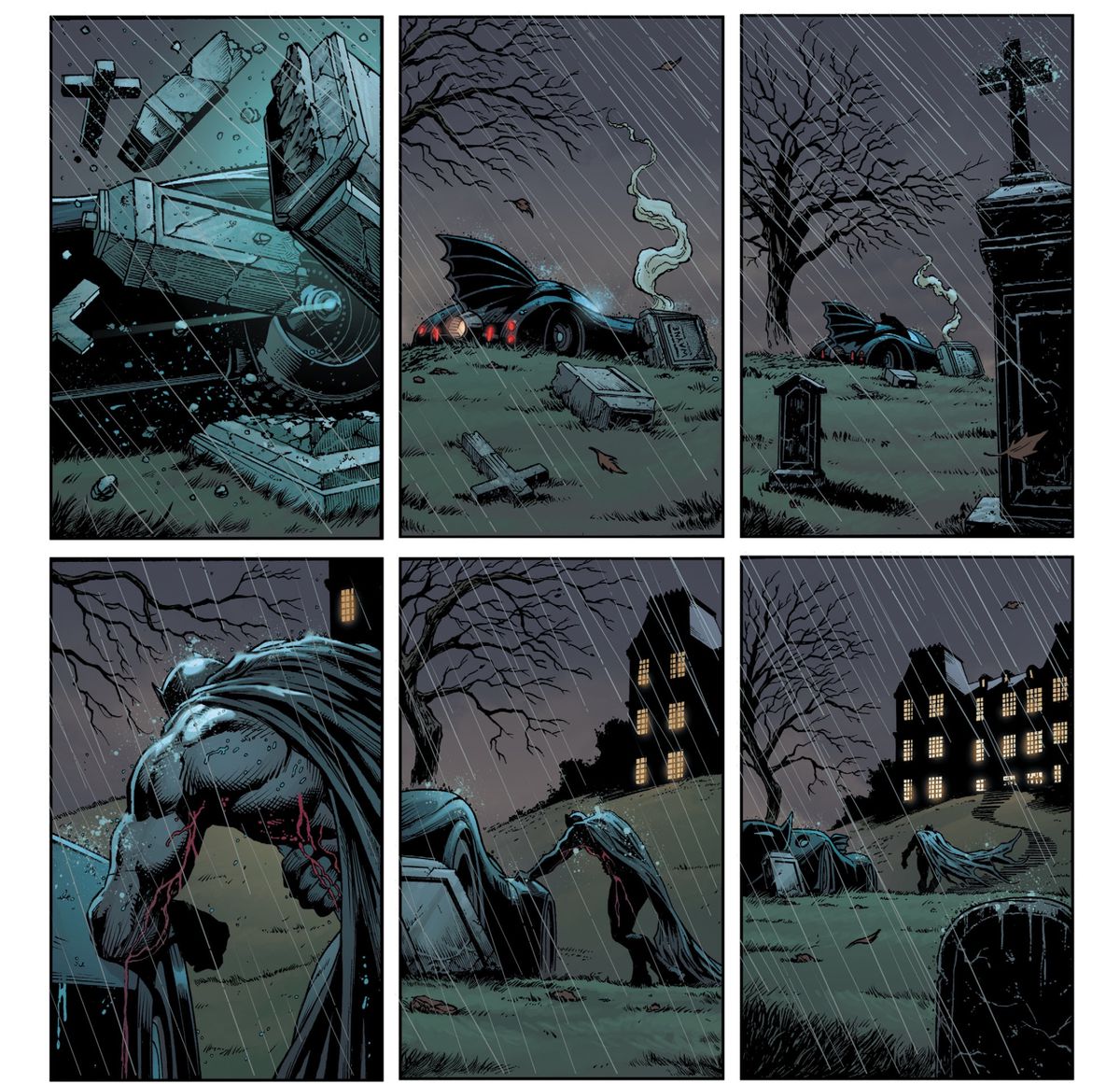 På en regnig natt plogar Batmobile över en gravsten. Batman vaggar ut ur bilen och upp till Wayne Manor, lamporna i dess fönster glöder i mörkret, i Three Jokers # 1, DC Comics (2020). 