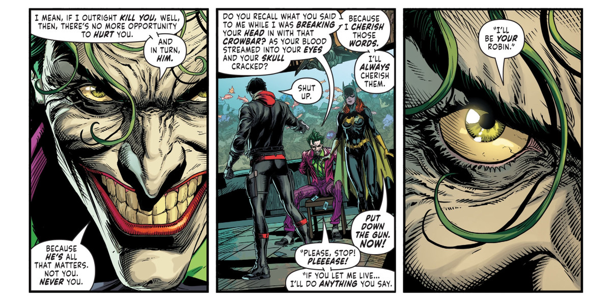 Jokern väcker Jason Todd och säger att när han slog honom med en kofot bad han om 