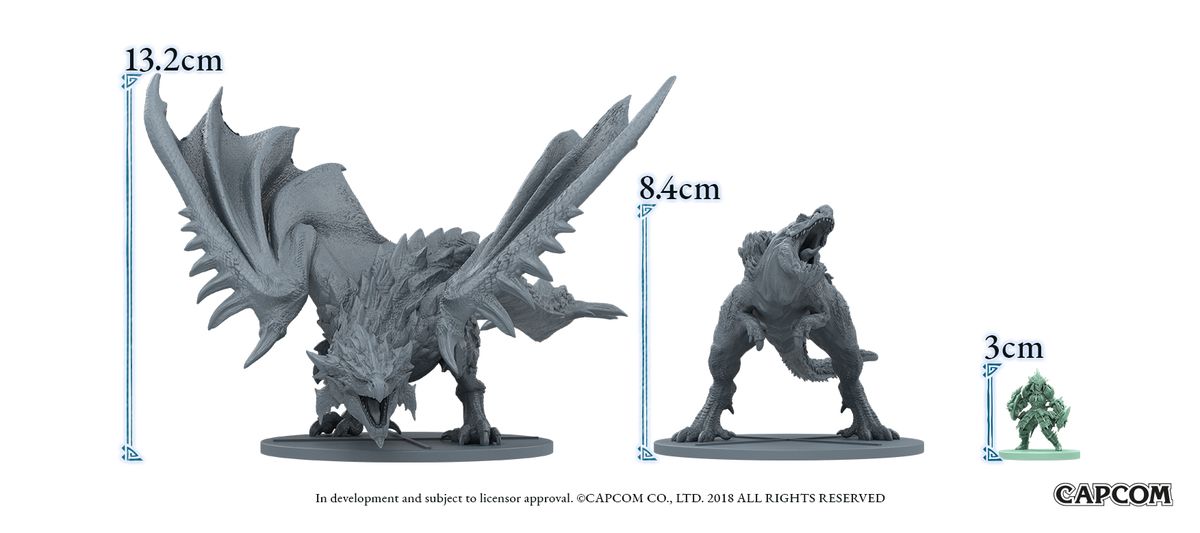 A comparative render of game pieces. Epic monsters are more than 13 centimeters tall, while player characters are just 3 centimeters tall.