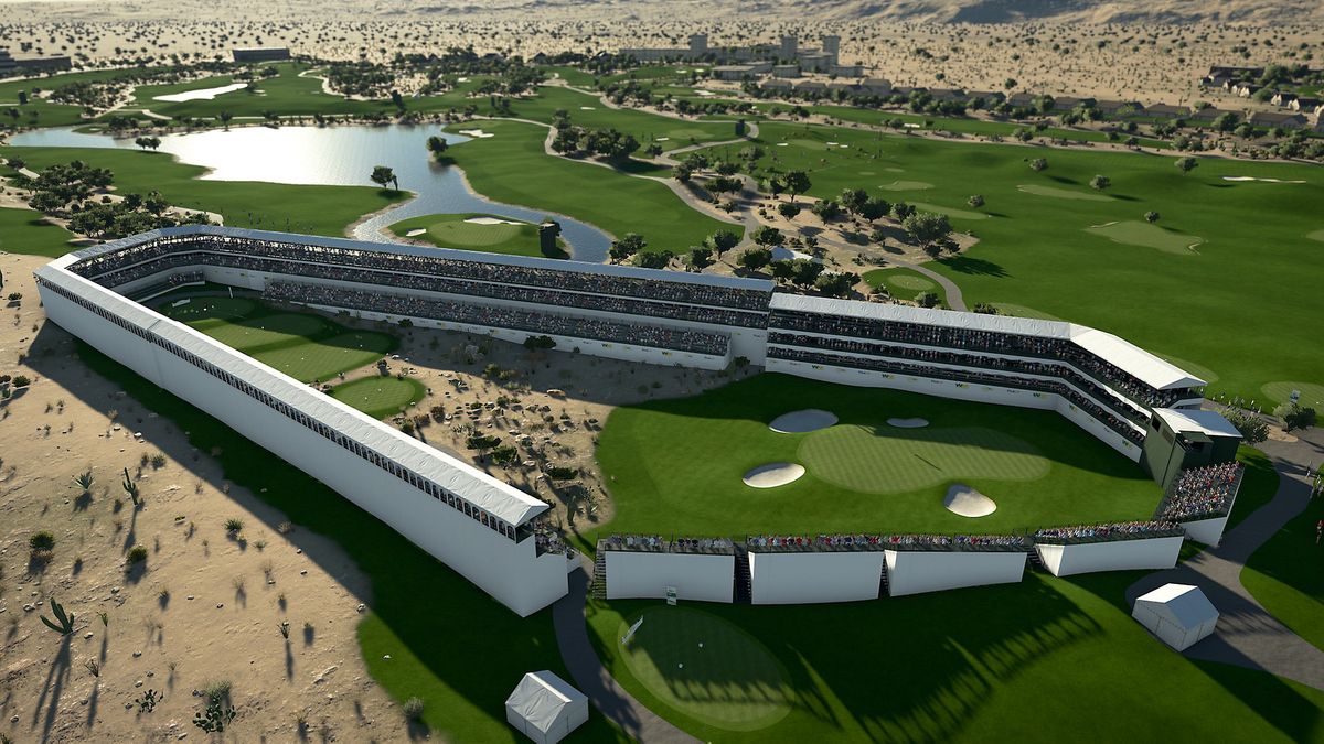 overheadskott av det unika 16: e hålet vid TPC Sawgrass, som är helt omsluten av grandstands, i PGA Tour 2K21