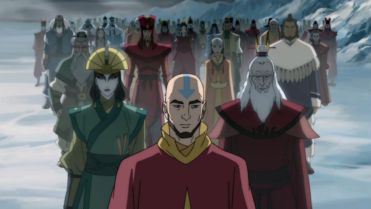 Vuxna Aang står i spetsen för en mängd tidigare avatarer i The Legend of Korra